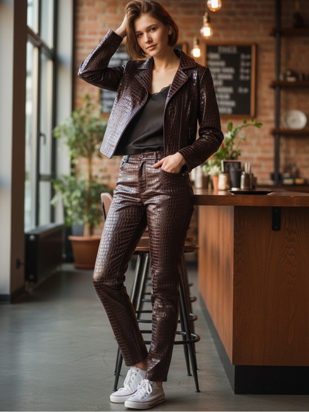 Croc-Embossed Faux Leather Chocolate Brown Jacket & Pants Set